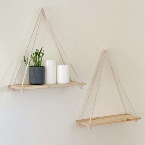 Prateleiras de Parede Suspensa - Charmosa e Delicada para Decoração (balanço de madeira, corda de suspensão)
