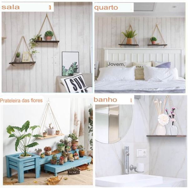 Prateleiras de Parede Suspensa - Charmosa e Delicada para Decoração (balanço de madeira, corda de suspensão) - Imagem 11