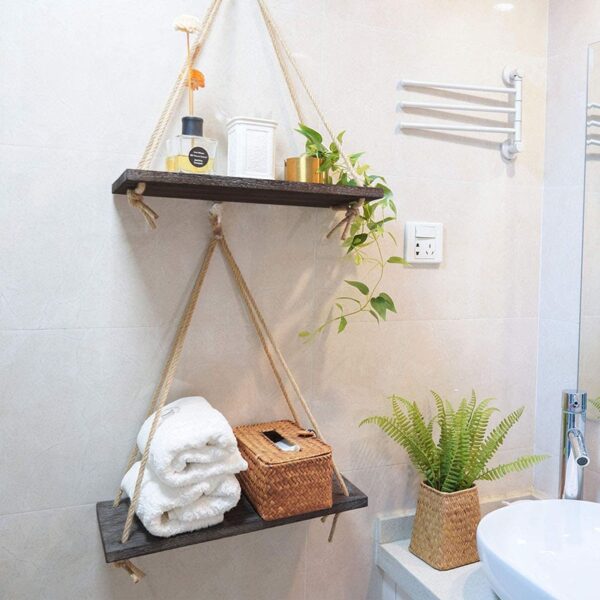 Prateleiras de Parede Suspensa - Charmosa e Delicada para Decoração (balanço de madeira, corda de suspensão) - Imagem 7